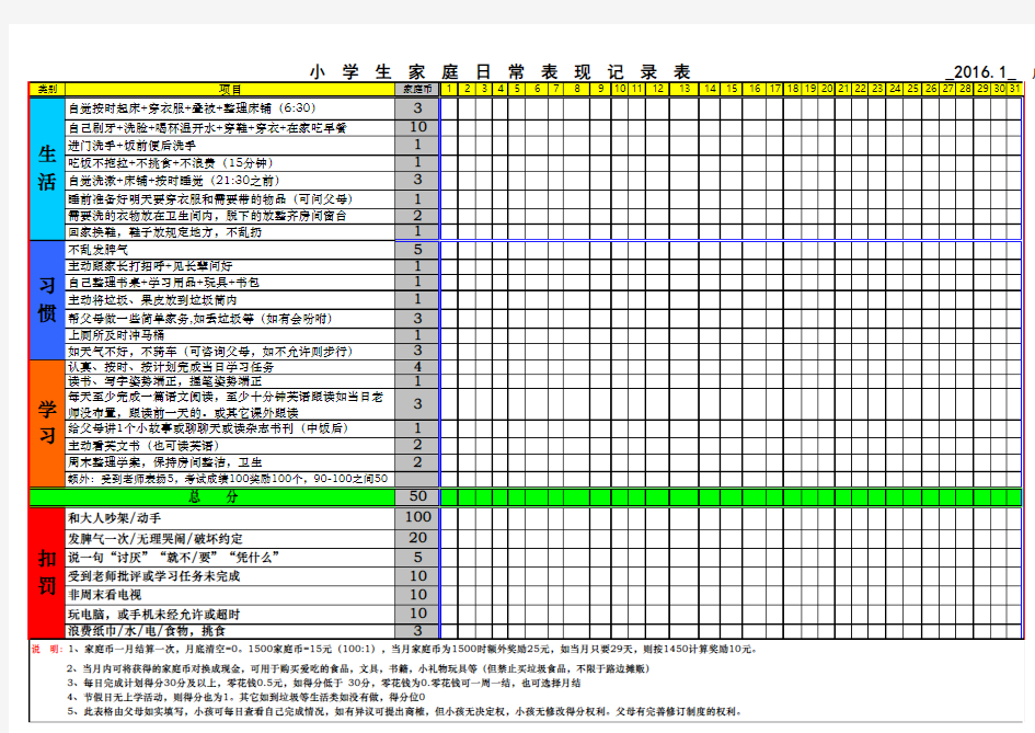 家庭表现记录表小学生