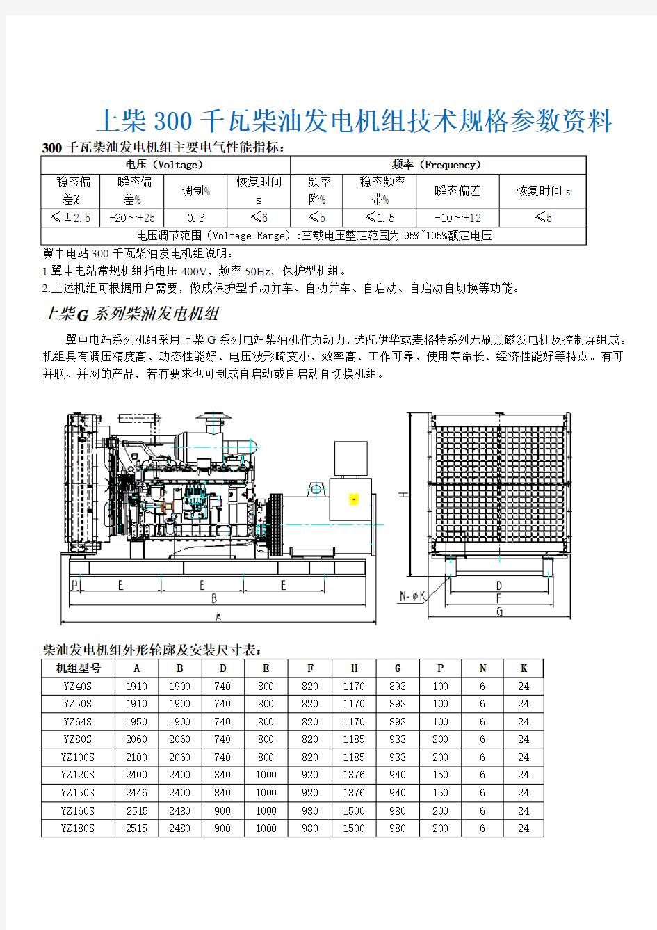 上柴300千瓦(主用)柴油发电机组SC15G500D2技术规格参数资料