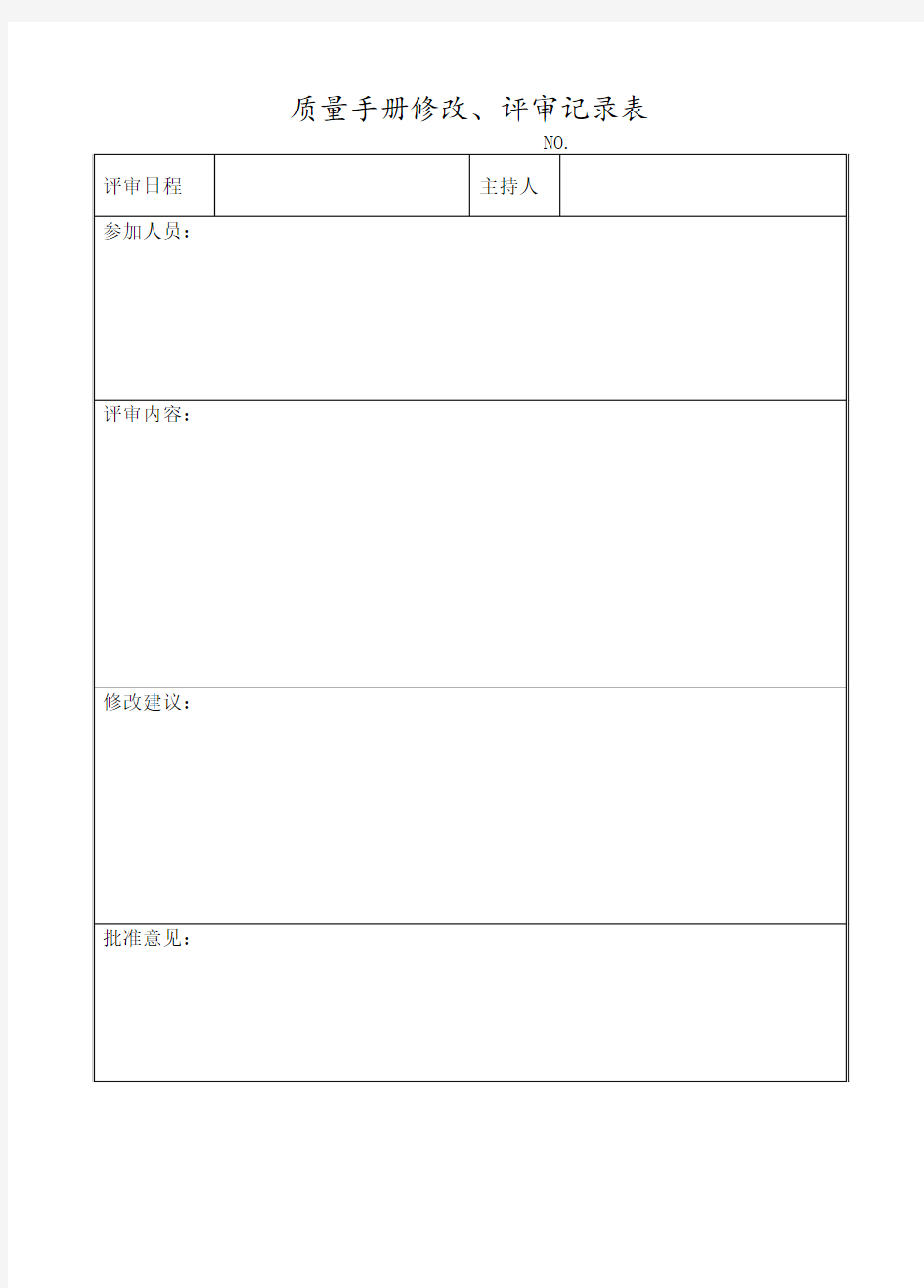 质量手册修改评审记录表