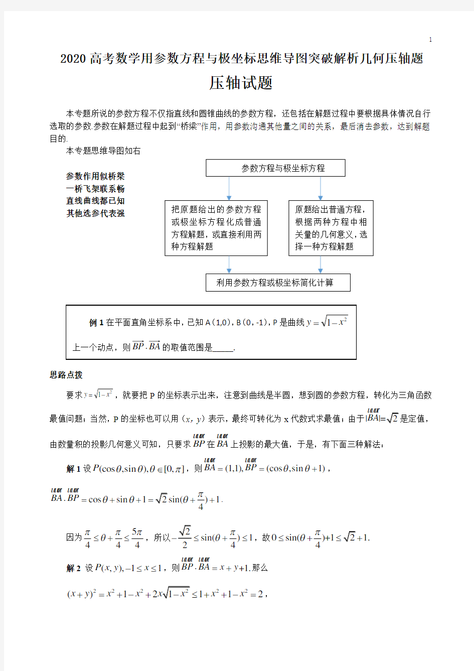 2020高考数学用参数方程与极坐标思维导图突破解析几何压轴题(含多种解法11页)