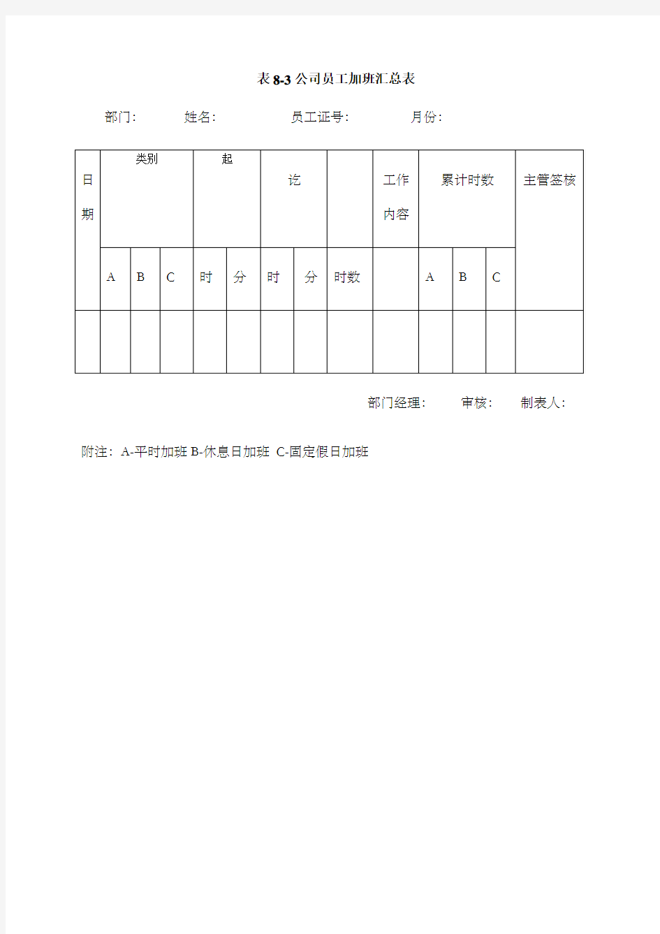 公司员工加班汇总表表格