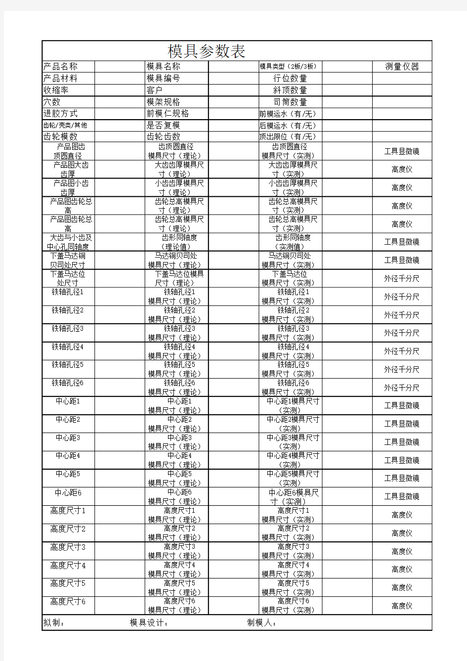 模具参数表