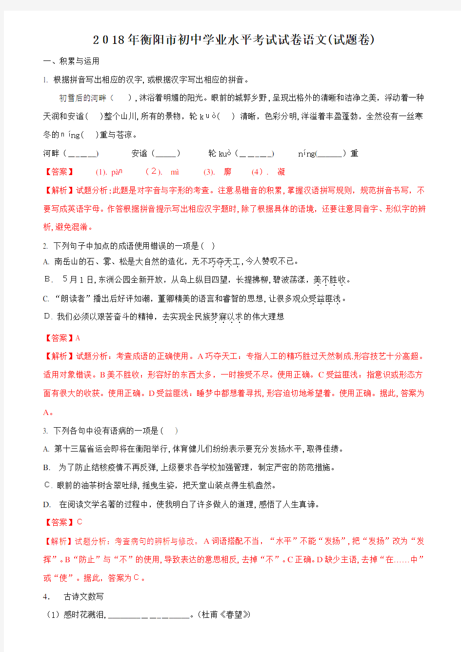 2018年湖南省衡阳市中考语文试题含标准答案解析