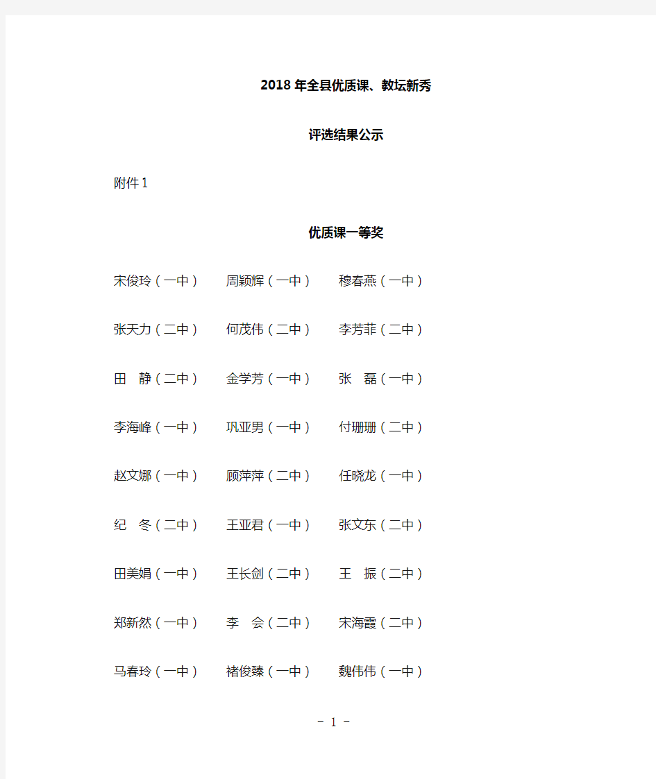 2018年度桓台县优质课、教坛新秀评选结果公示