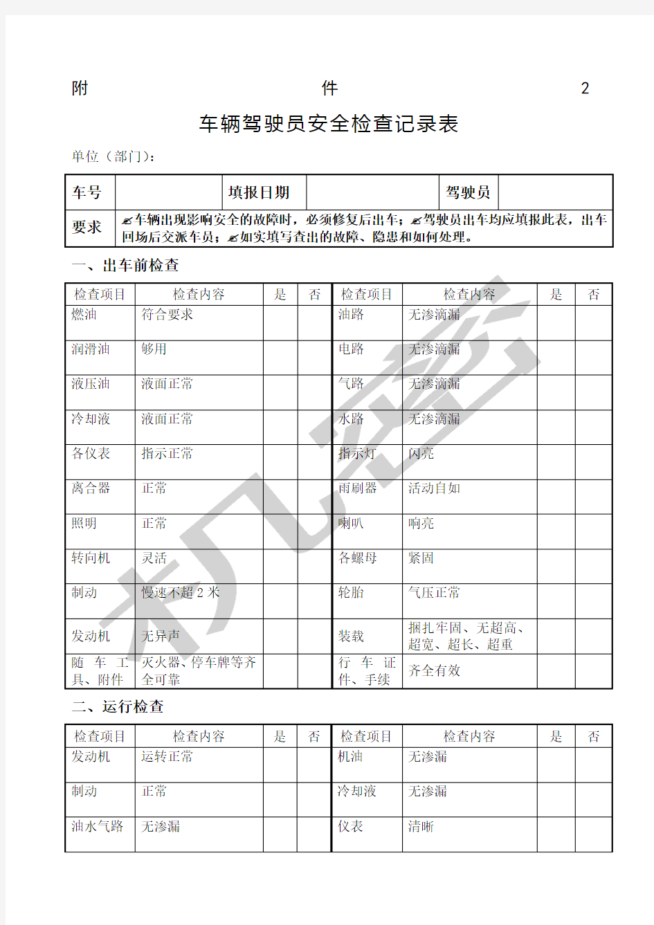 车辆驾驶员安全检查记录表