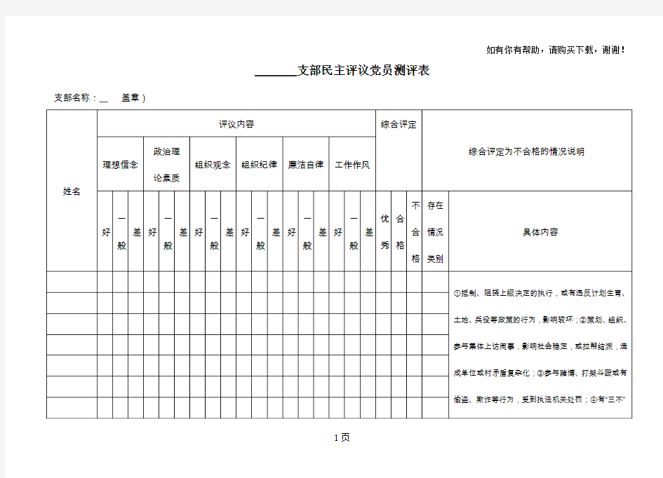 支部民主评议党员测评表