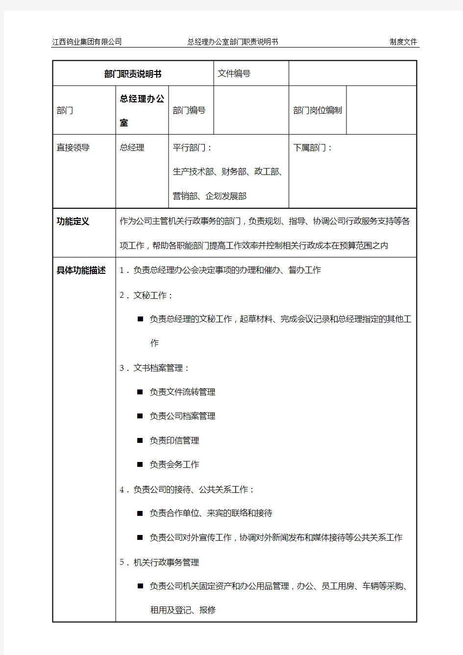 总经理办公室部门职责说明书1