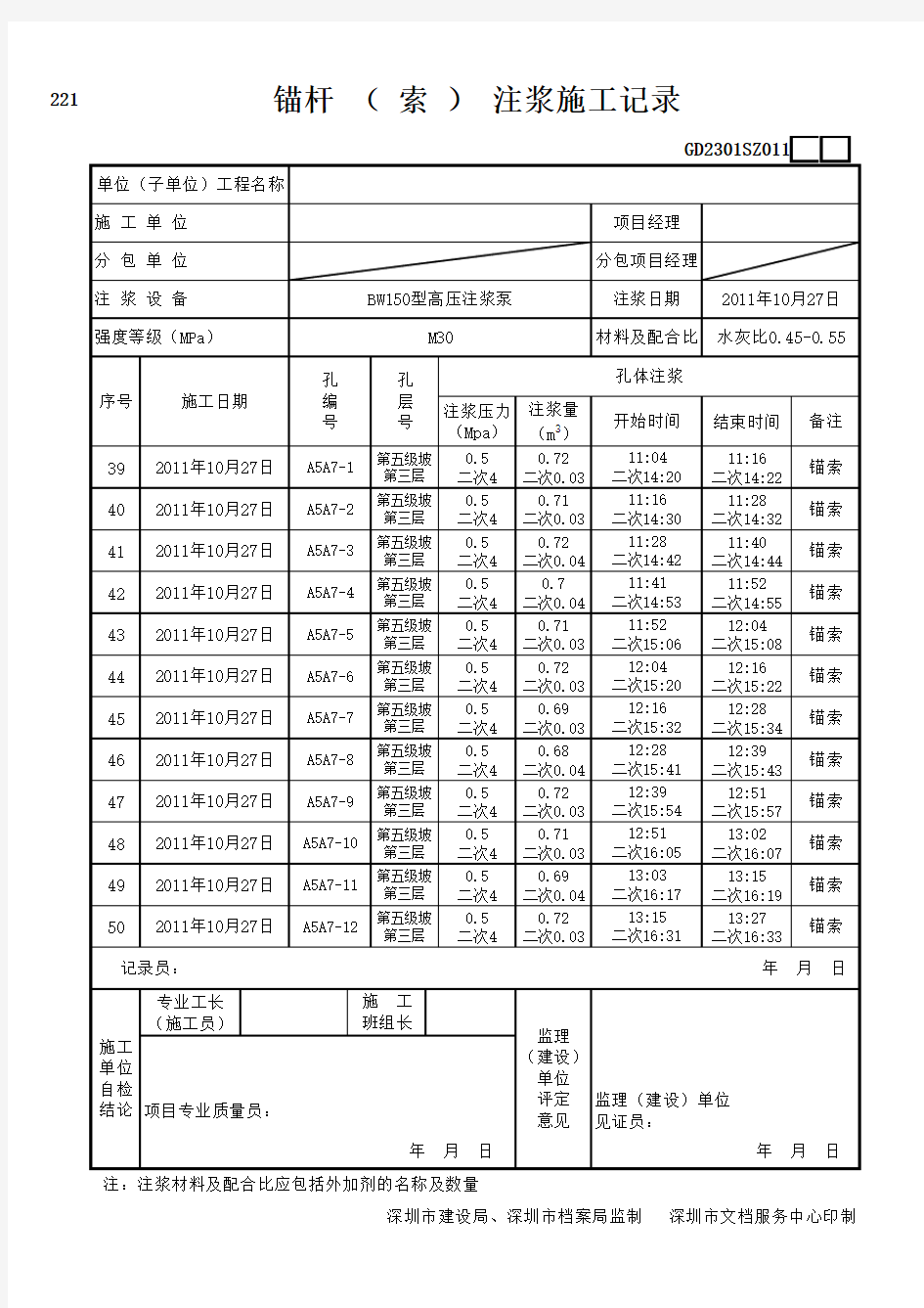 锚索注浆施工记录范例