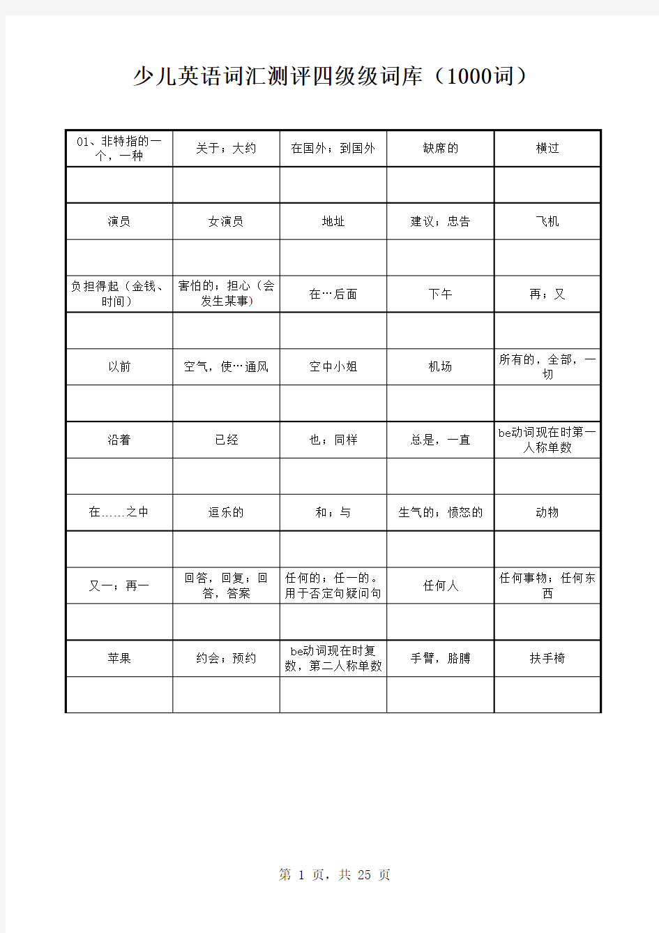 英语词汇测评词库四级