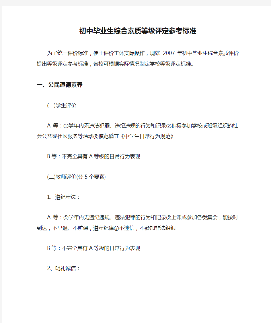 初中毕业生综合素质等级评定参考标准