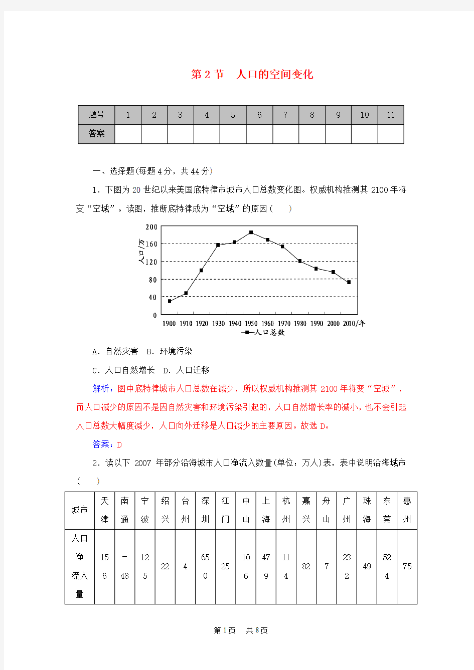 高考地理一轮复习 6.2人口的空间变化课时作业(含解析)