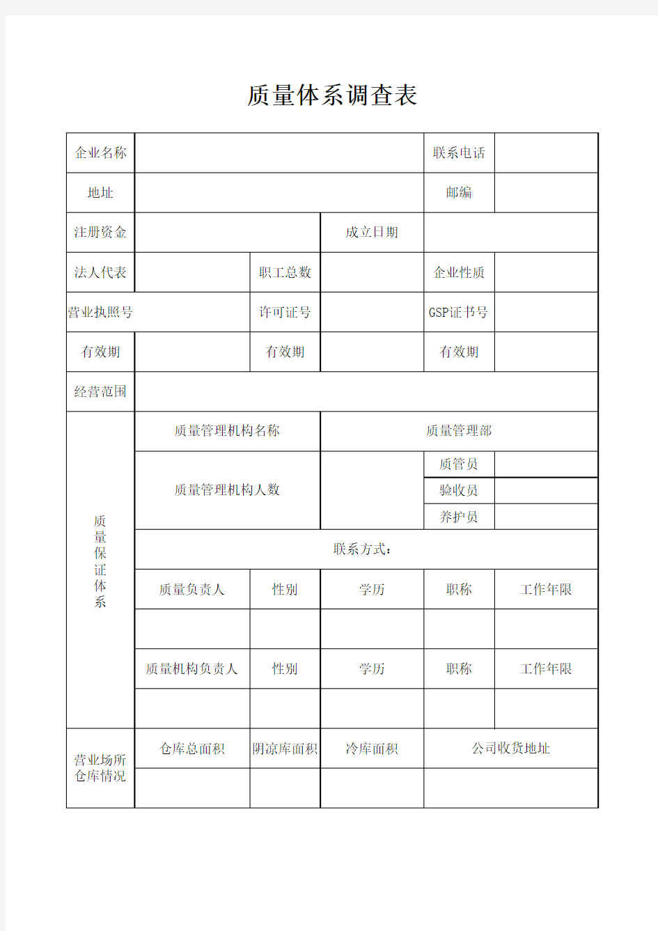 质量体系调查表样本