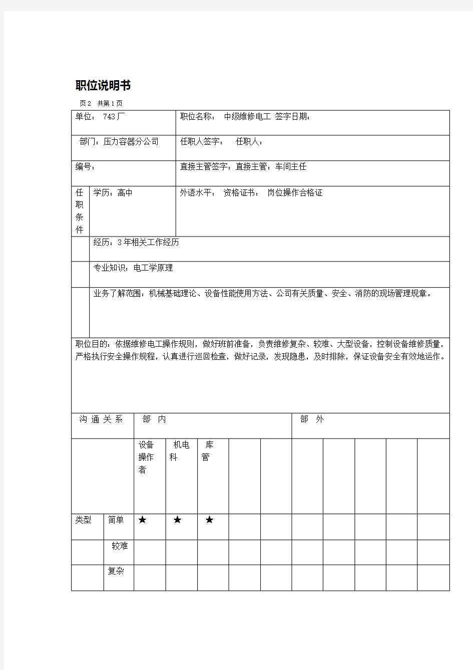 中级维修电工岗位职务说明