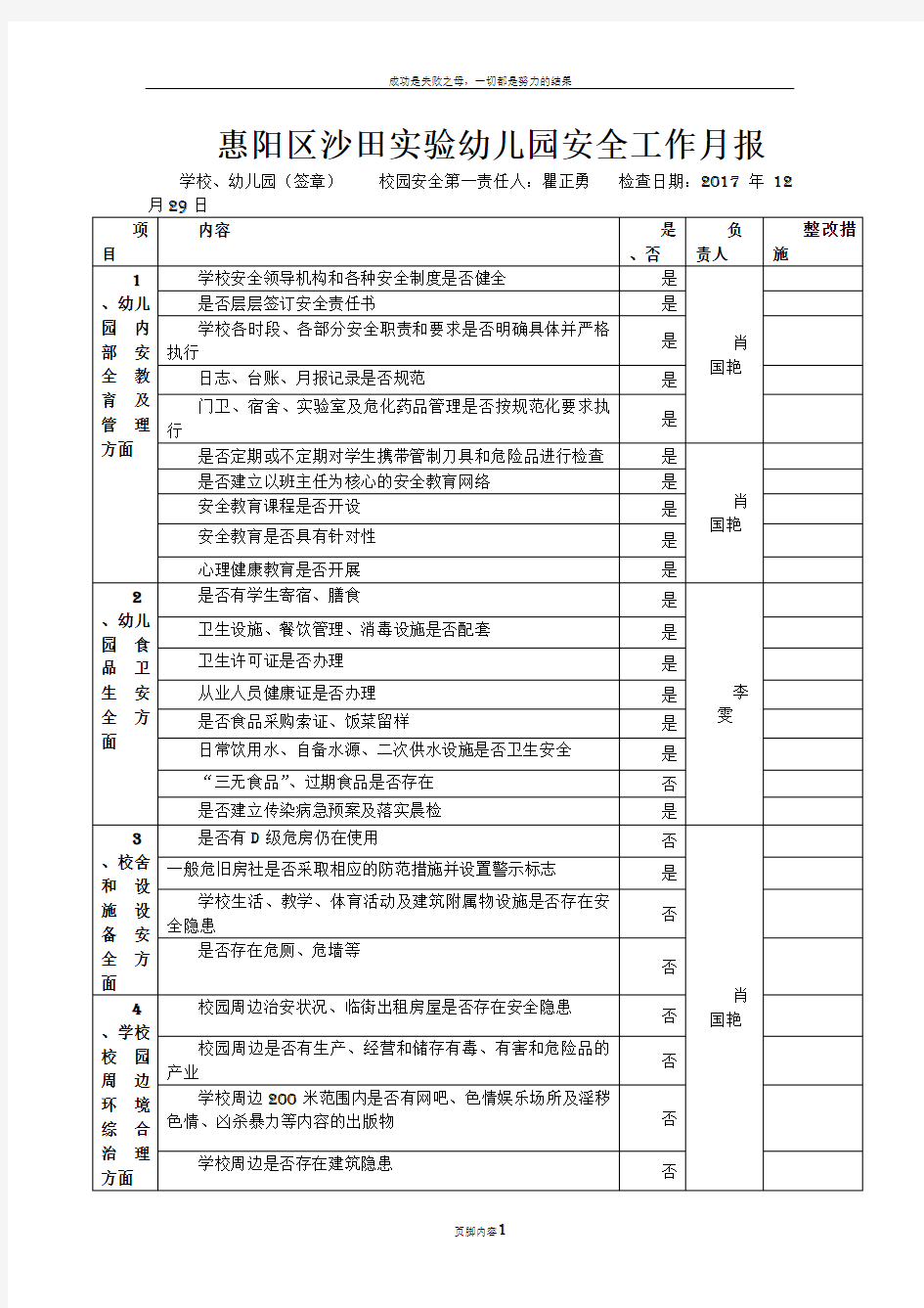 幼儿园安全工作月报表