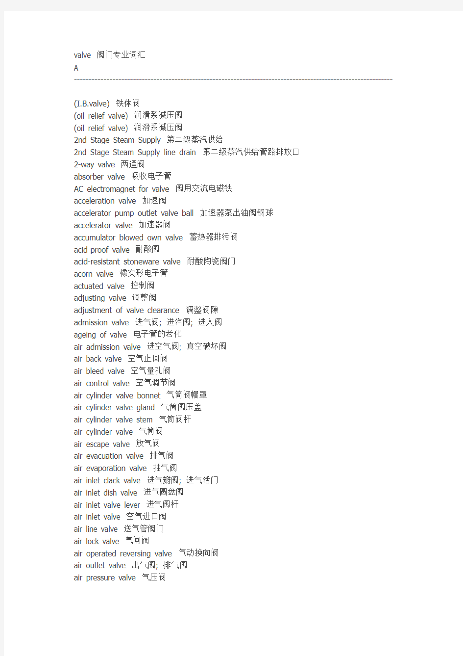 valve 阀门专业词汇