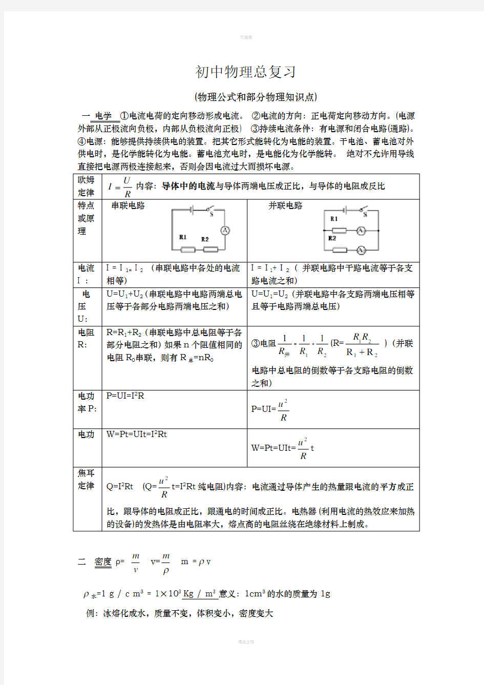 初中物理公式和部分物理知识点总结