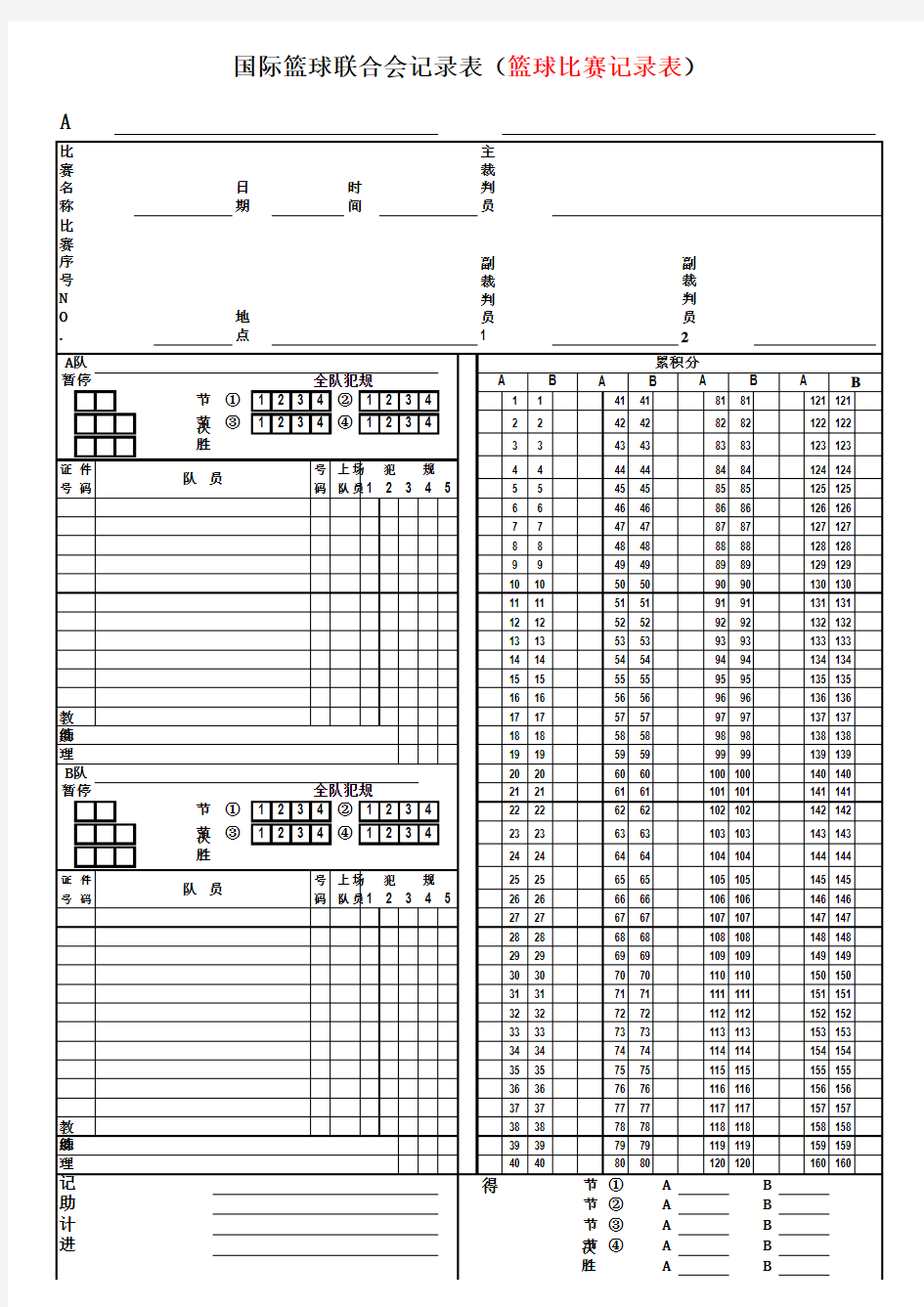 国际篮球联合会标准篮球记录表(篮球比赛记录表)
