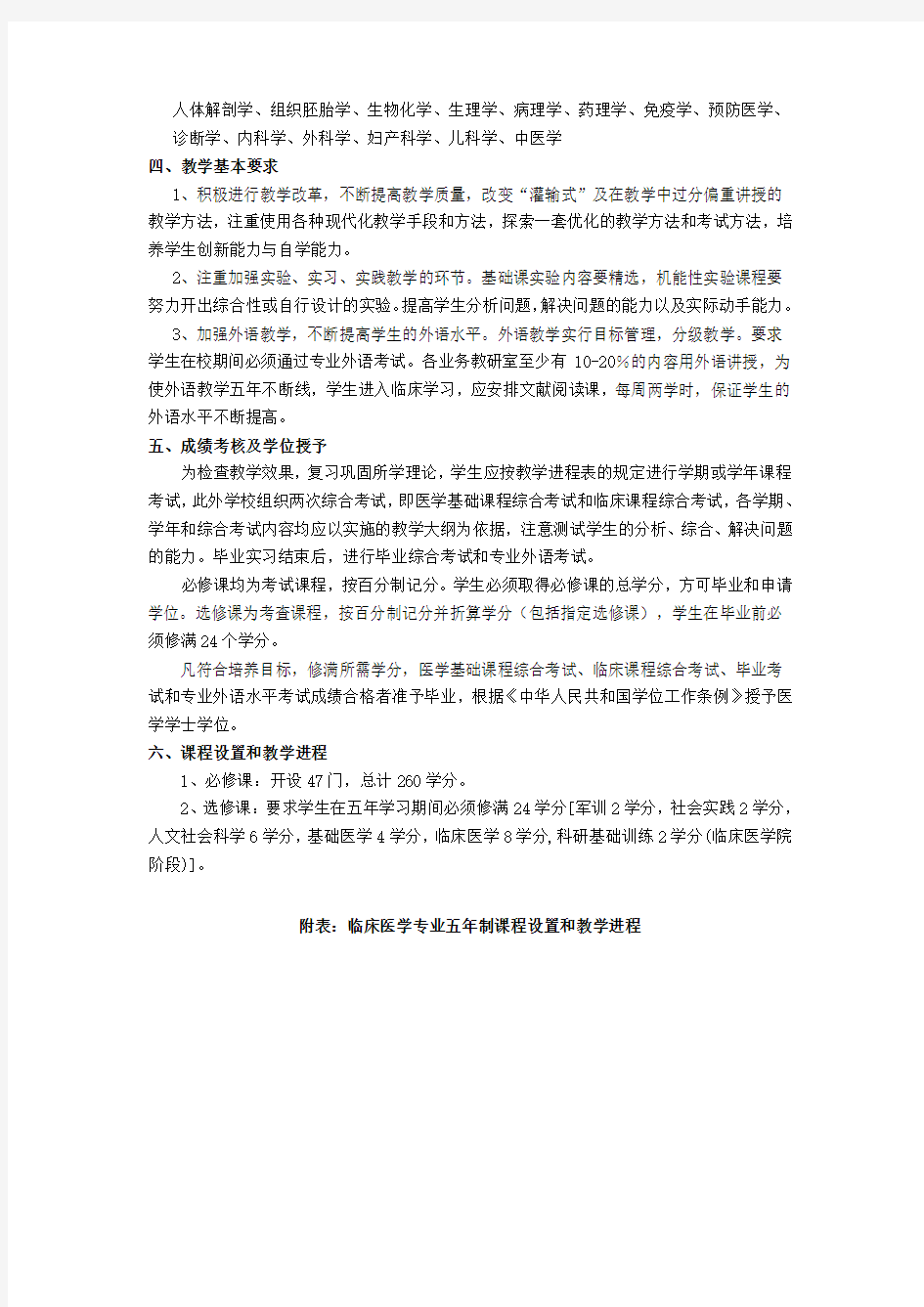 临床医学专业五年制教学计划