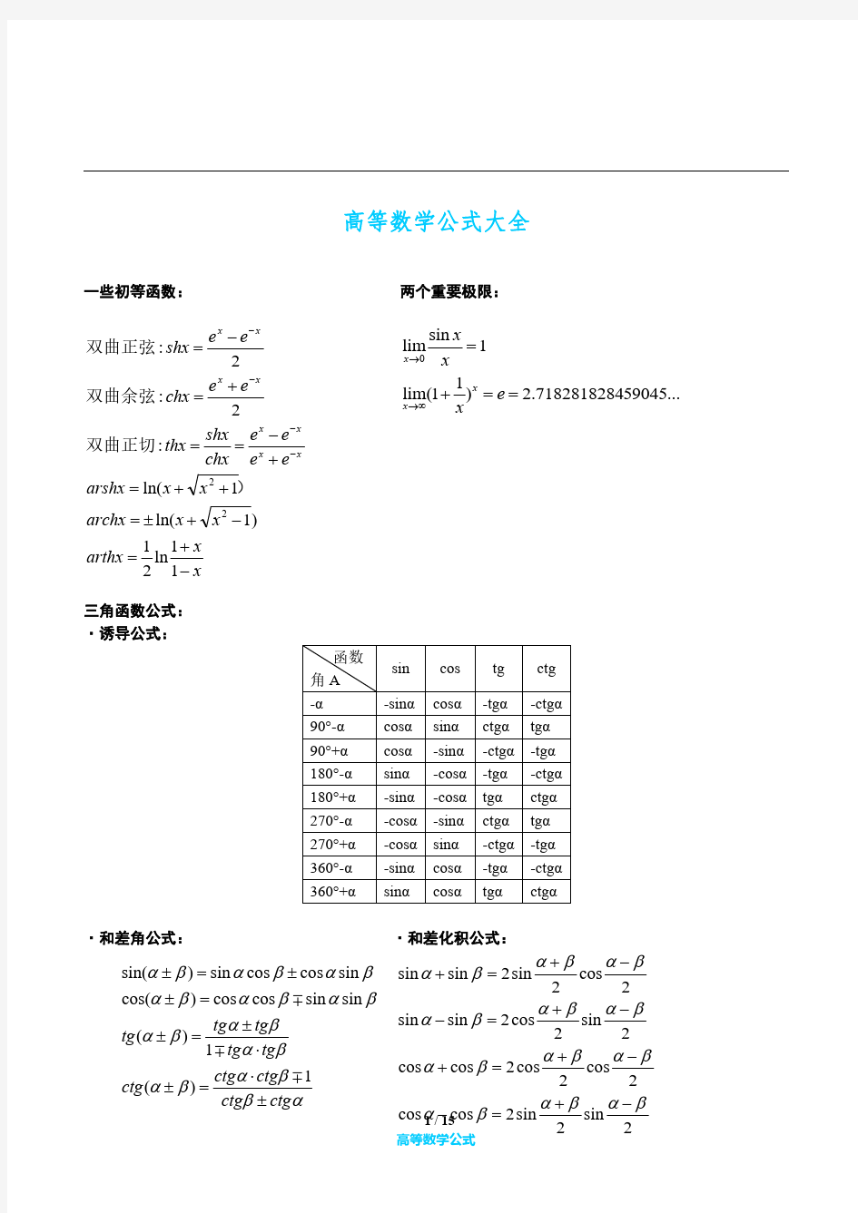 专升本 专接本高等数学公式大全