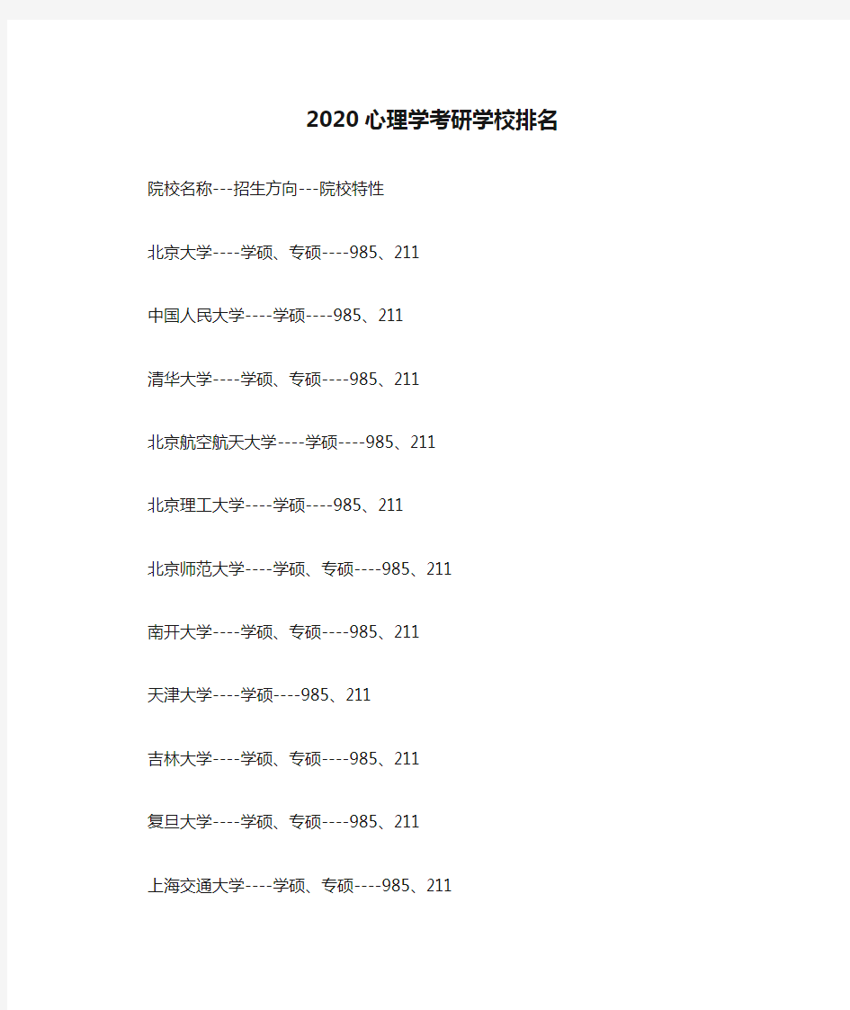 2020心理学考研学校排名