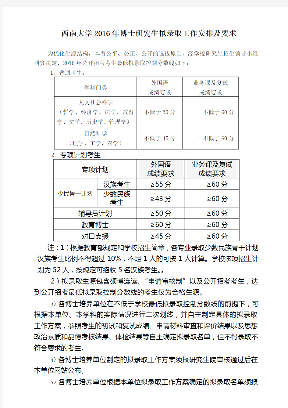 西南大学2016年博士研究生拟录取工作安排及要求