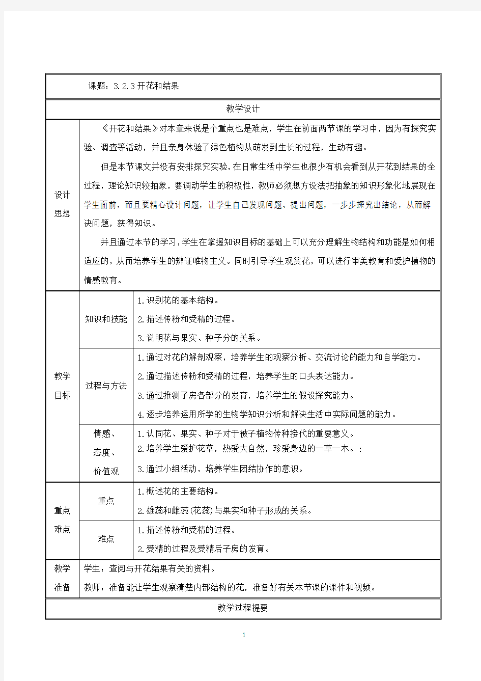 人教版七年级生物上册3.2.3开花和结果教案