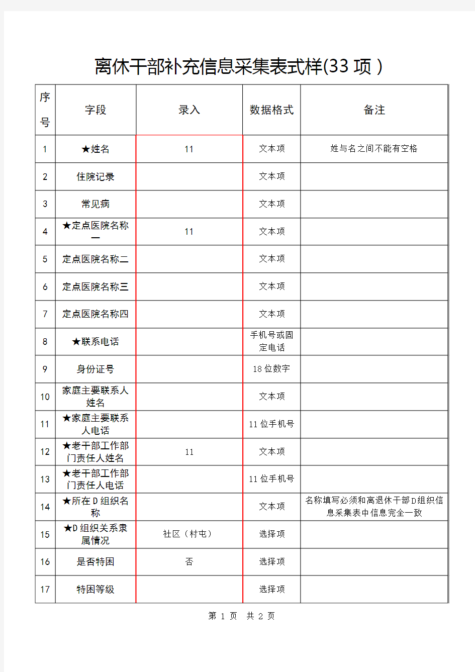 机关单位离休干部补充信息采集表式样