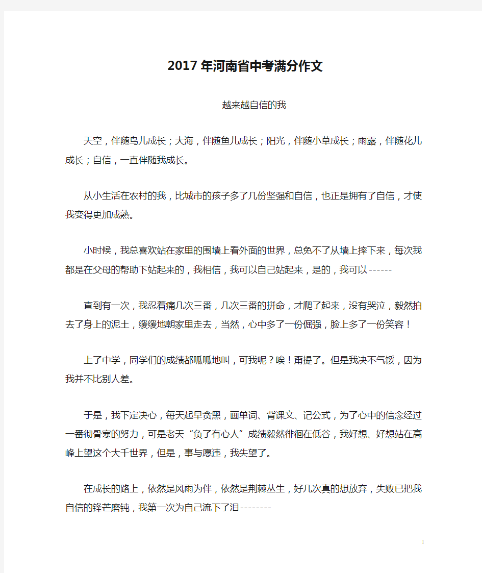 2017年河南省中考满分作文