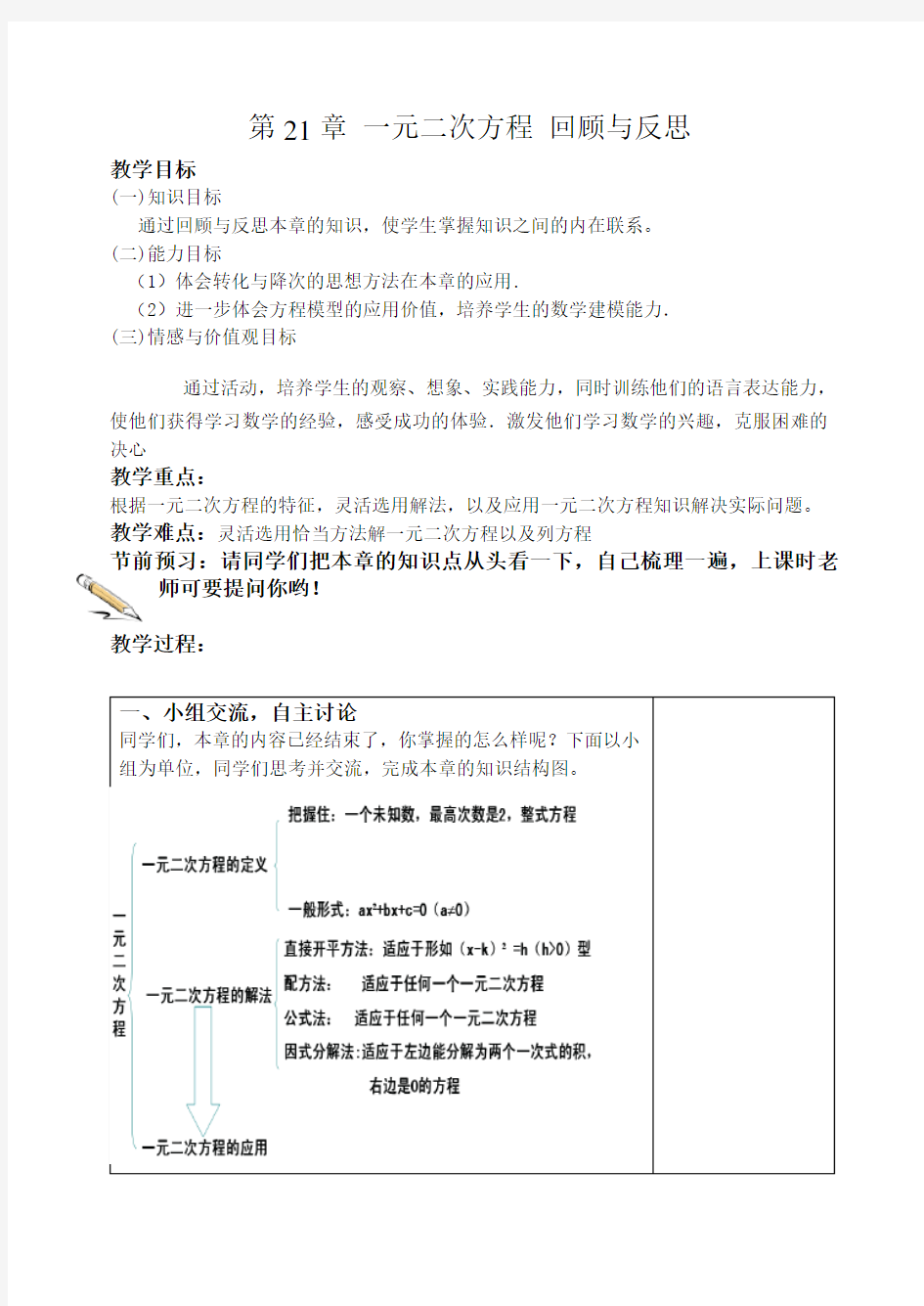 人教版九年级上册数学教案：第21章一元二次方程-回顾与反思