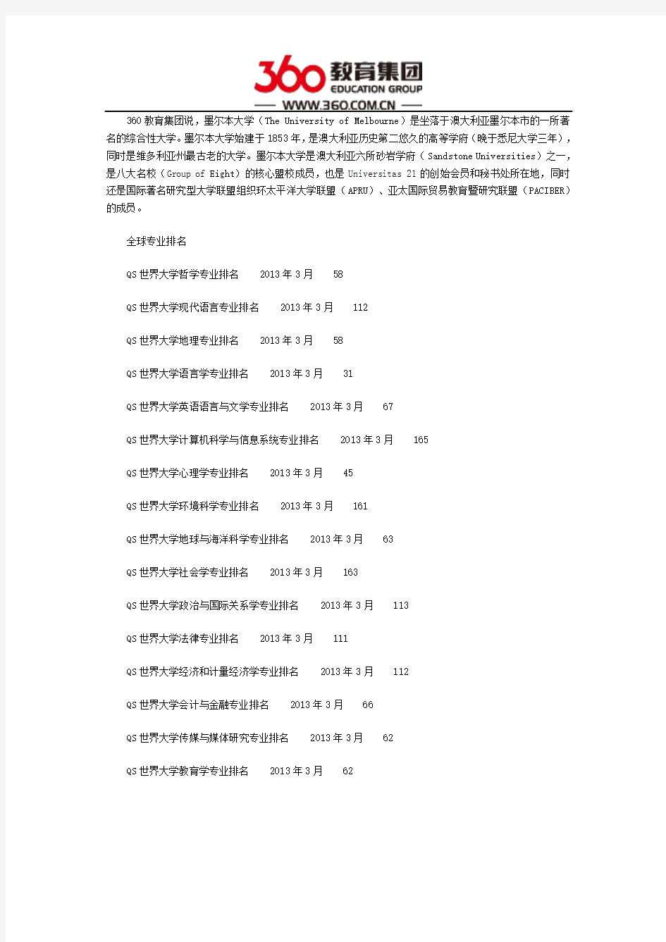 墨尔本大学专业排名