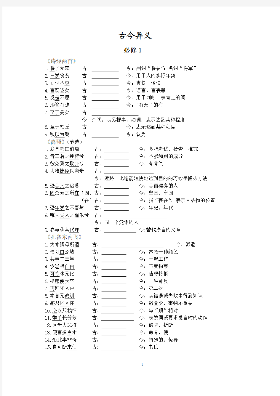 高中语文必修一至五文言文古今异义.学生版