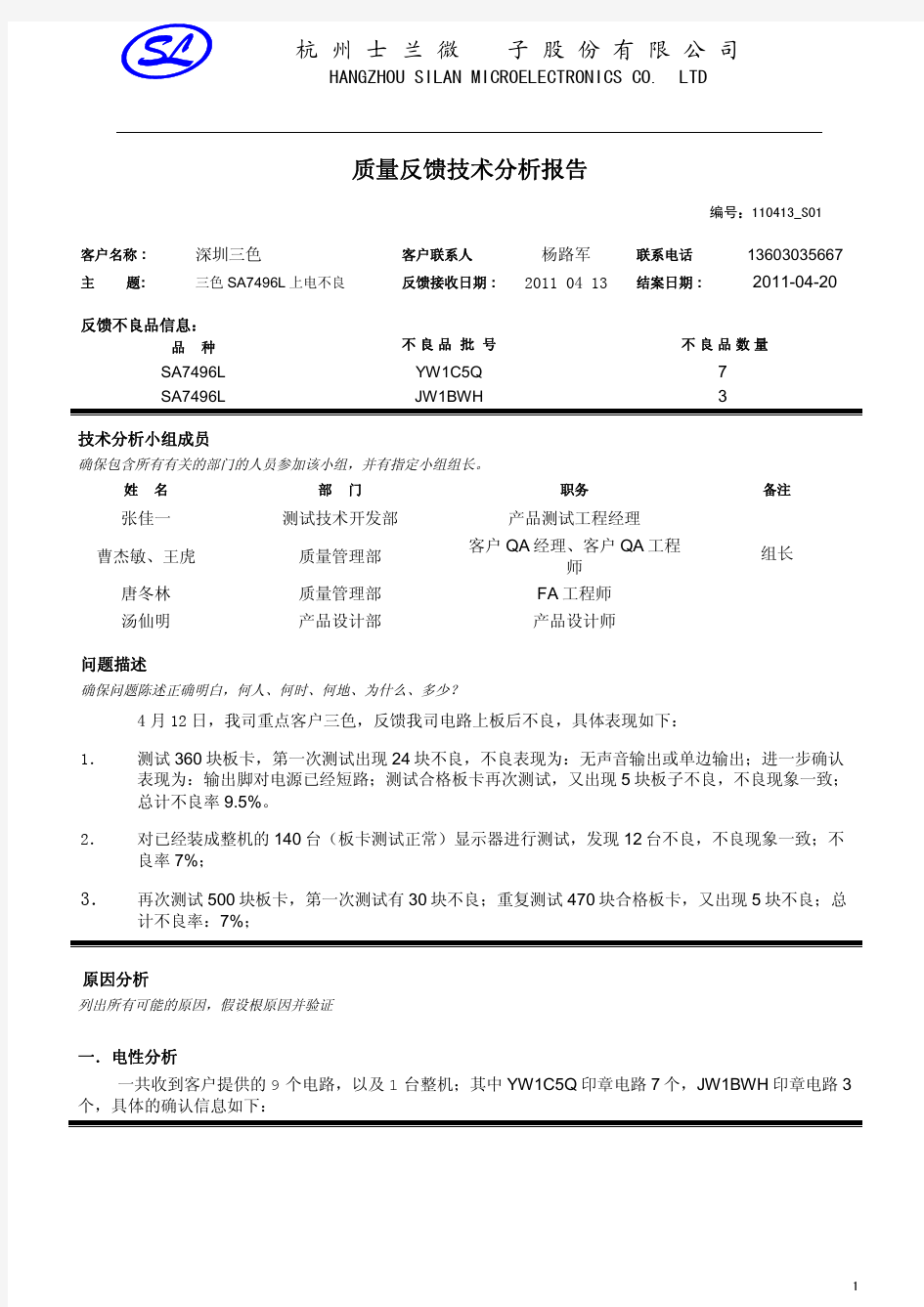 不良分析报告样本