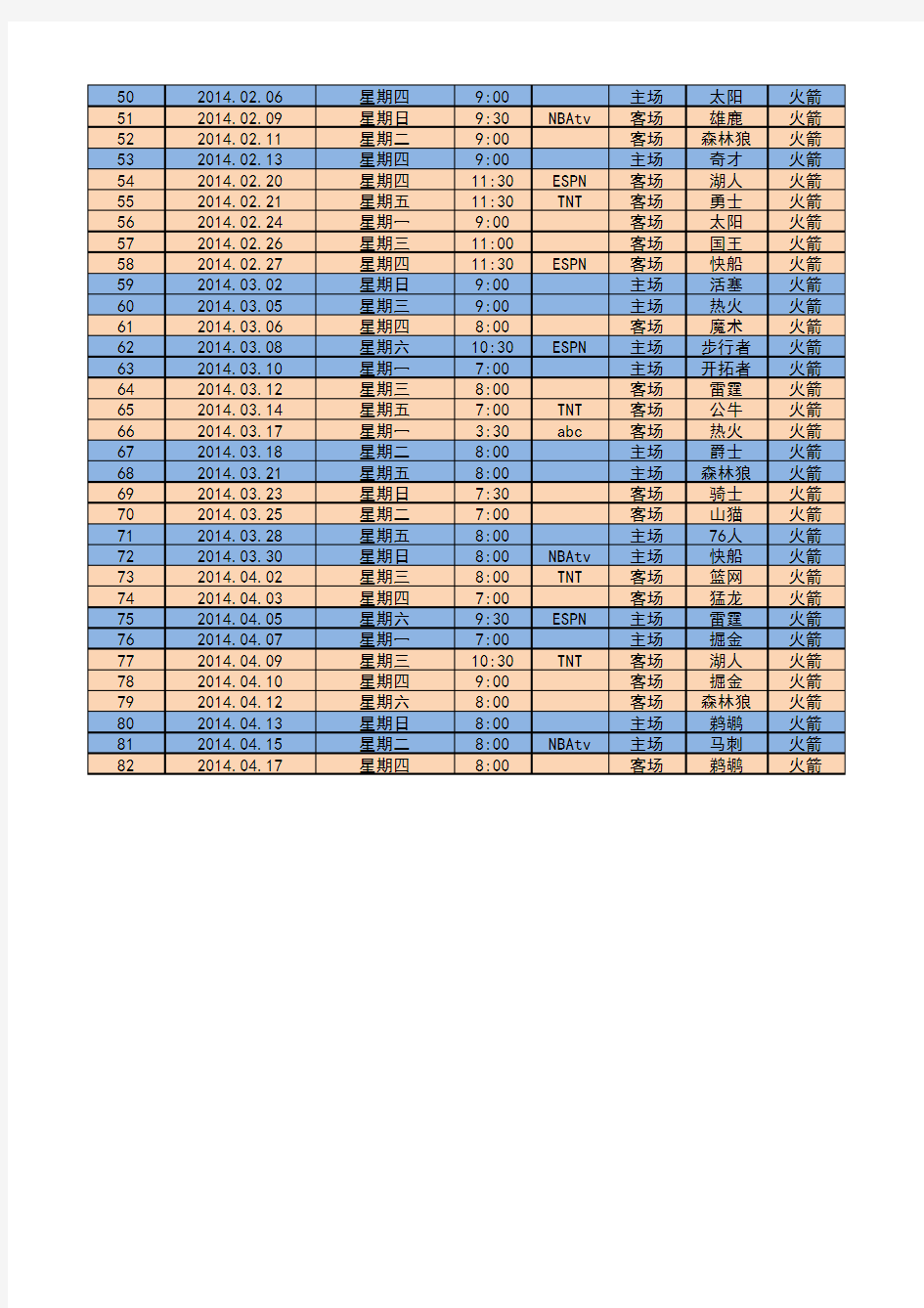 火箭队2013-2014赛程表