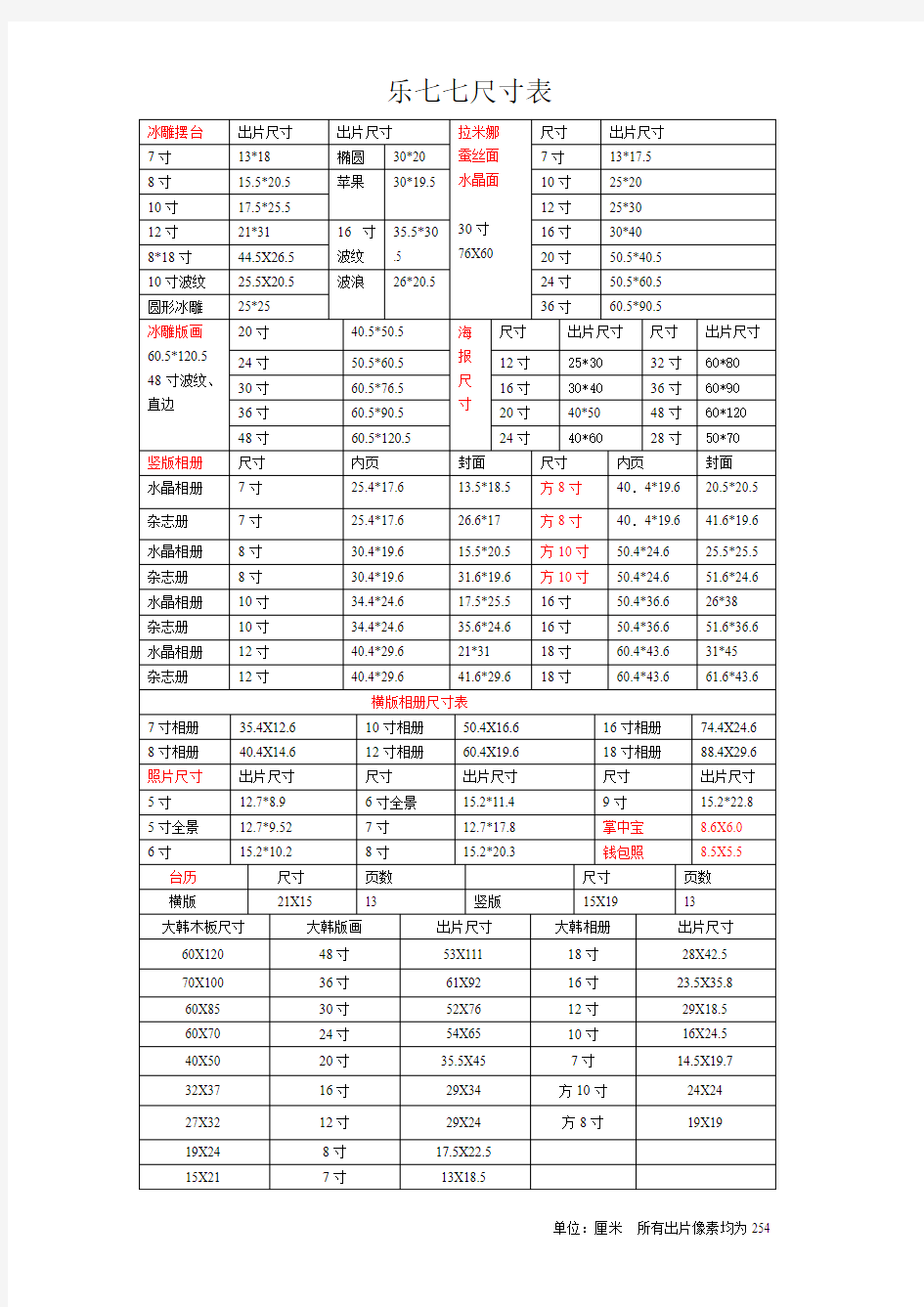 相册尺寸表