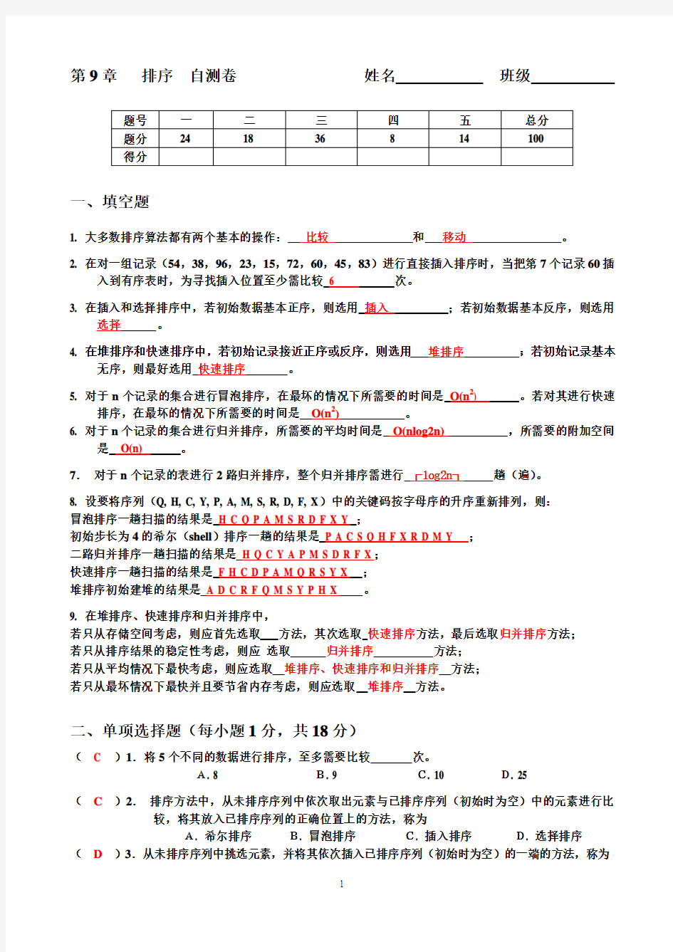 数据结构 第10章排序自测题答案