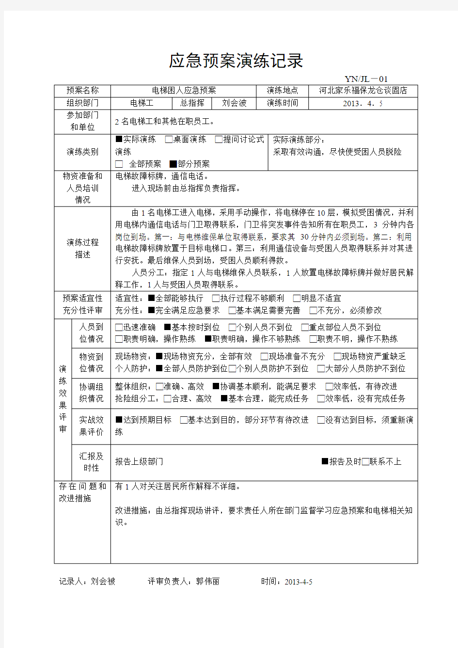 电梯应急预案演练记录填写