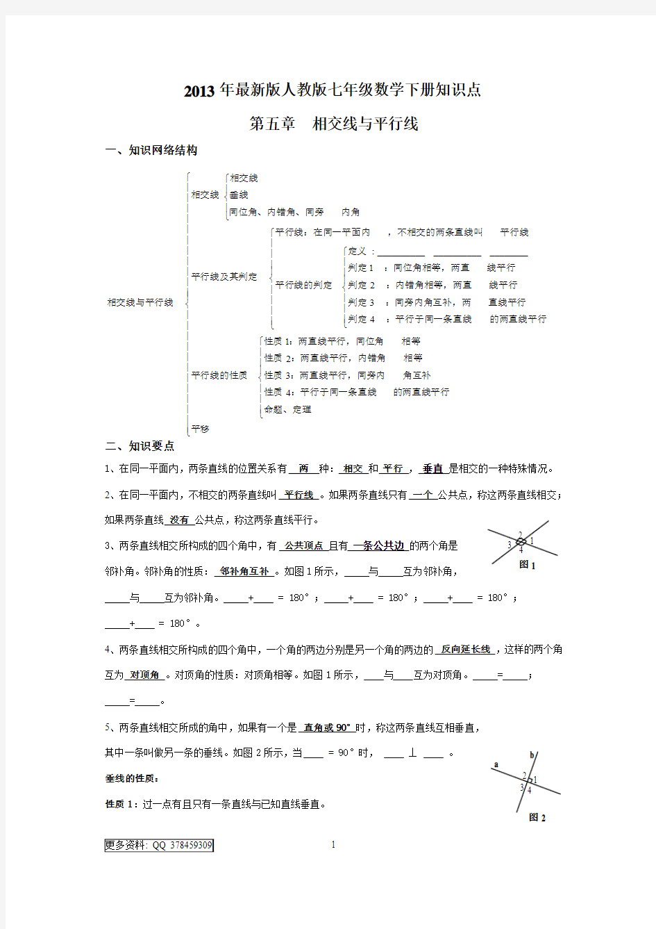 2013年最新版人教版七年级数学下册知识点