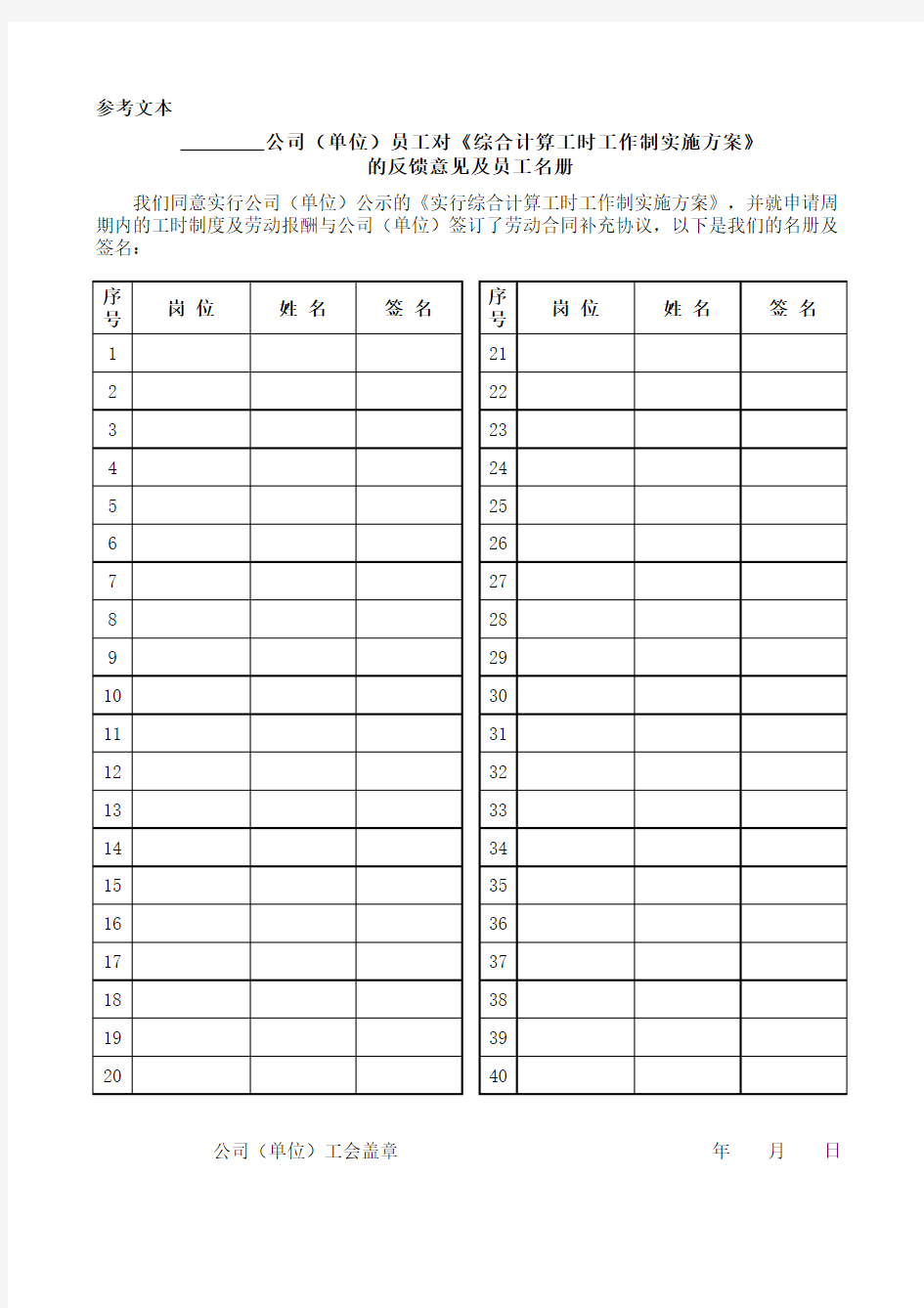 用人单位员工对《综合计算工时工作制实施方案》的反馈意见及员工签名册(参考文本)