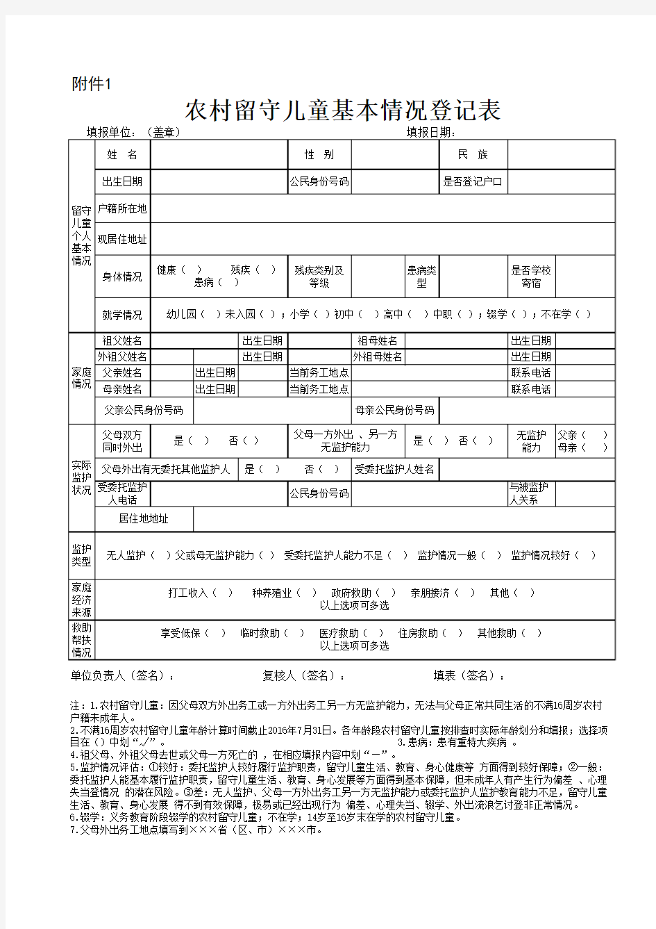 农村留守儿童基本情况登记表(表1)