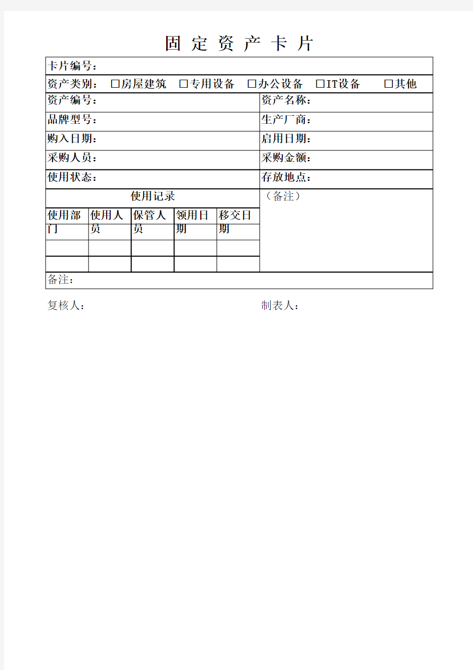 固定资产卡片模板