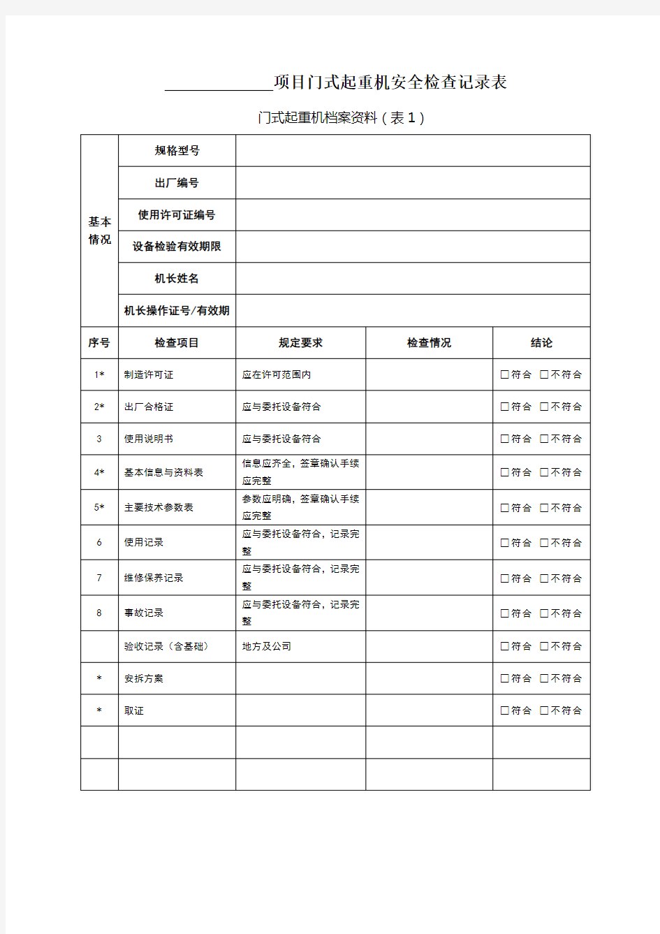 门式起重机安全检查表