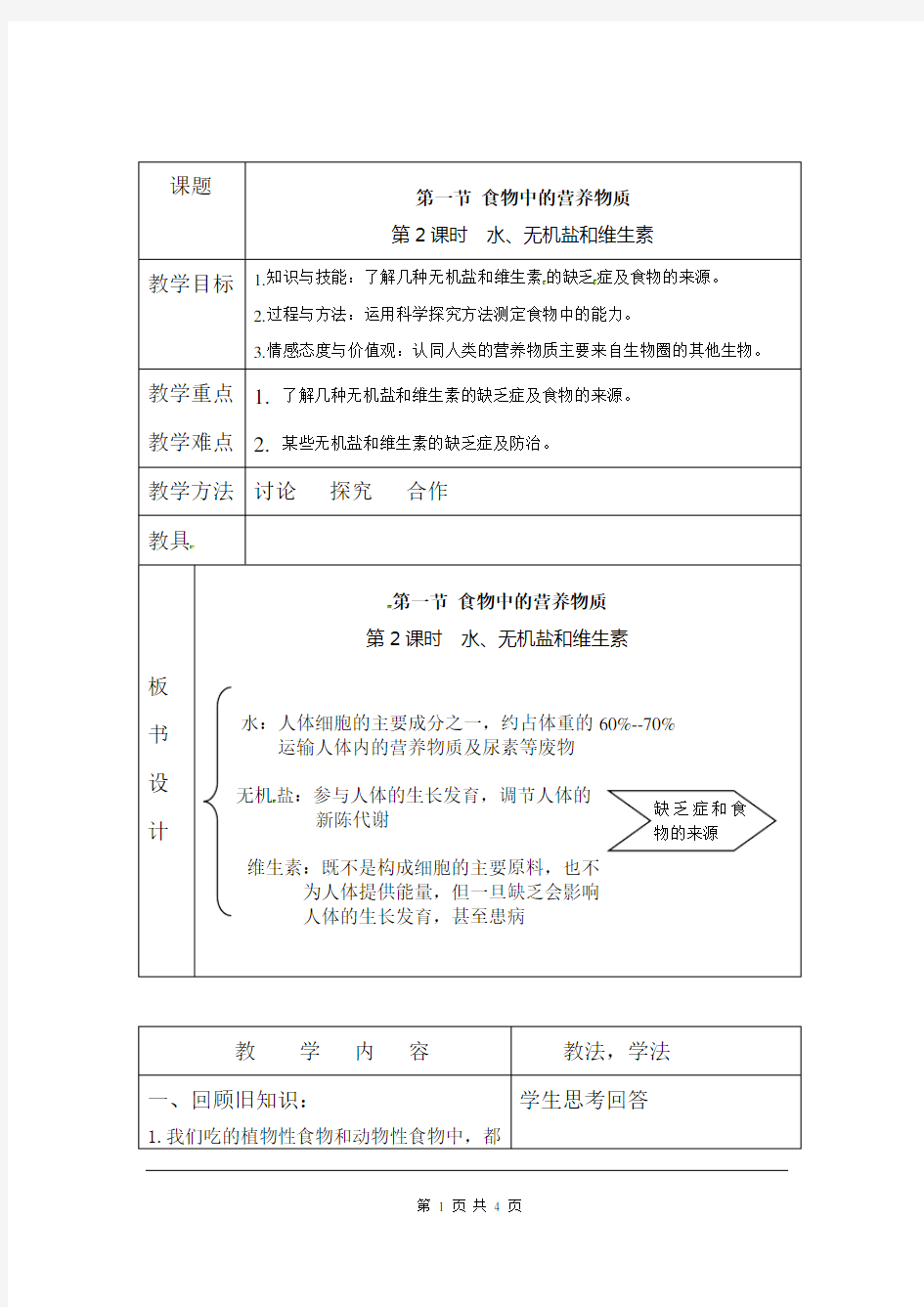 人教版七年级生物下册《水、无机盐和维生素》教案