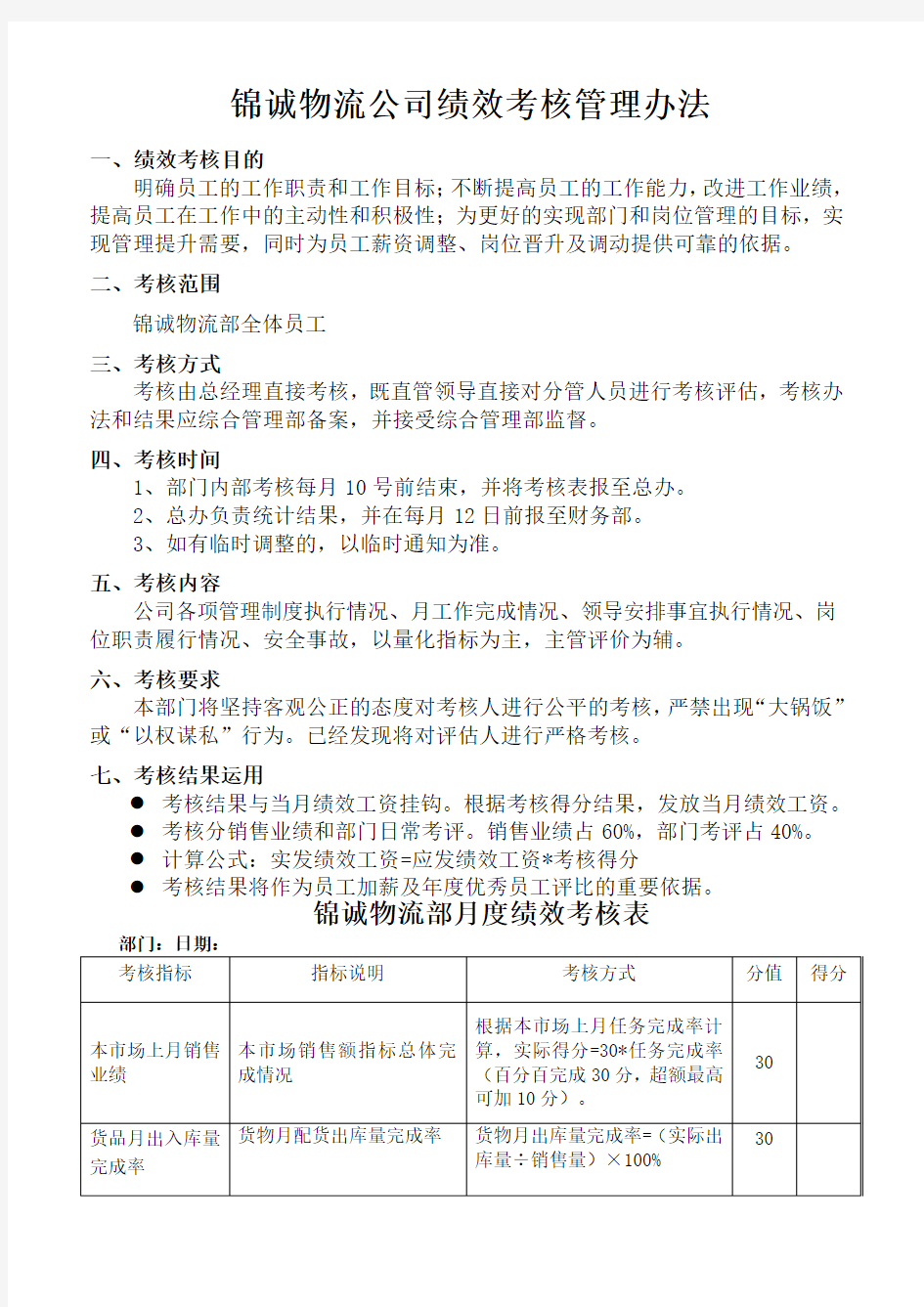 物流公司绩效考核管理办法