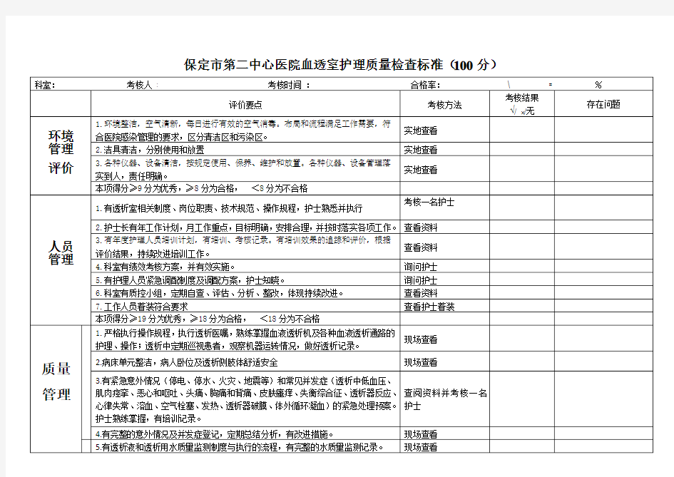 血透室护理质量检查表2013.1