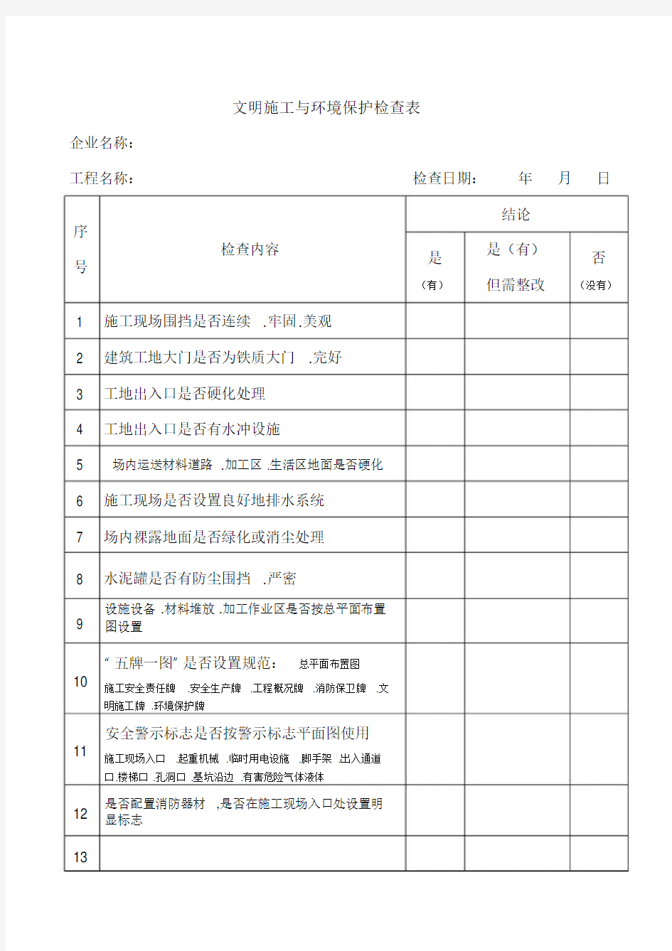 文明施工与环境保护检查表