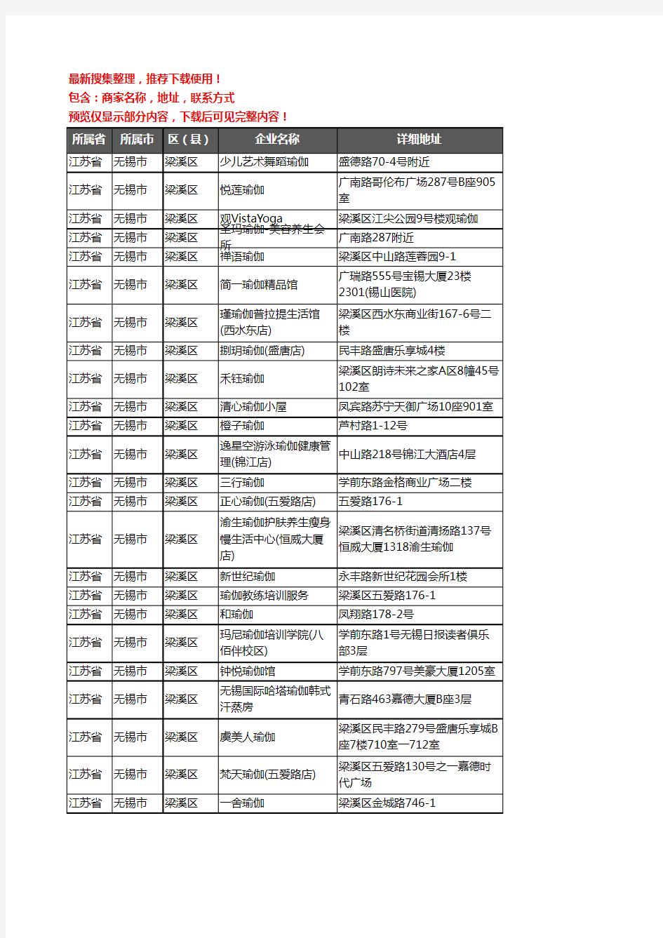 新版江苏省无锡市梁溪区瑜伽企业公司商家户名录单联系方式地址大全55家