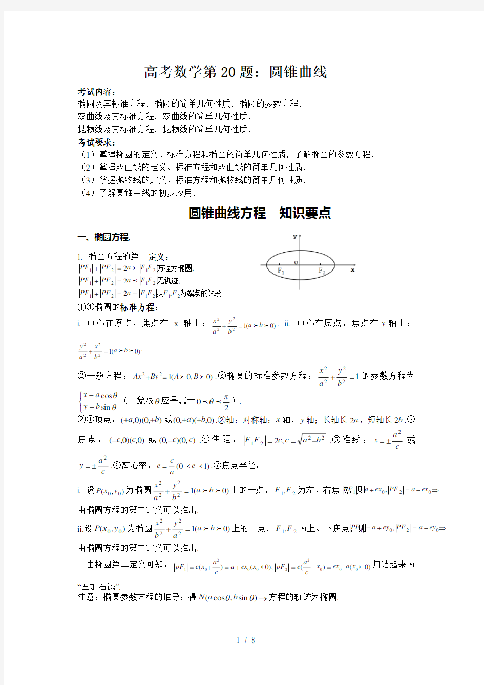 题高考数学第题圆锥曲线知识点大全