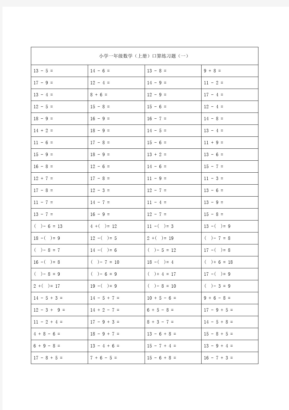 小学一年级数学20以内加减法练习题.doc