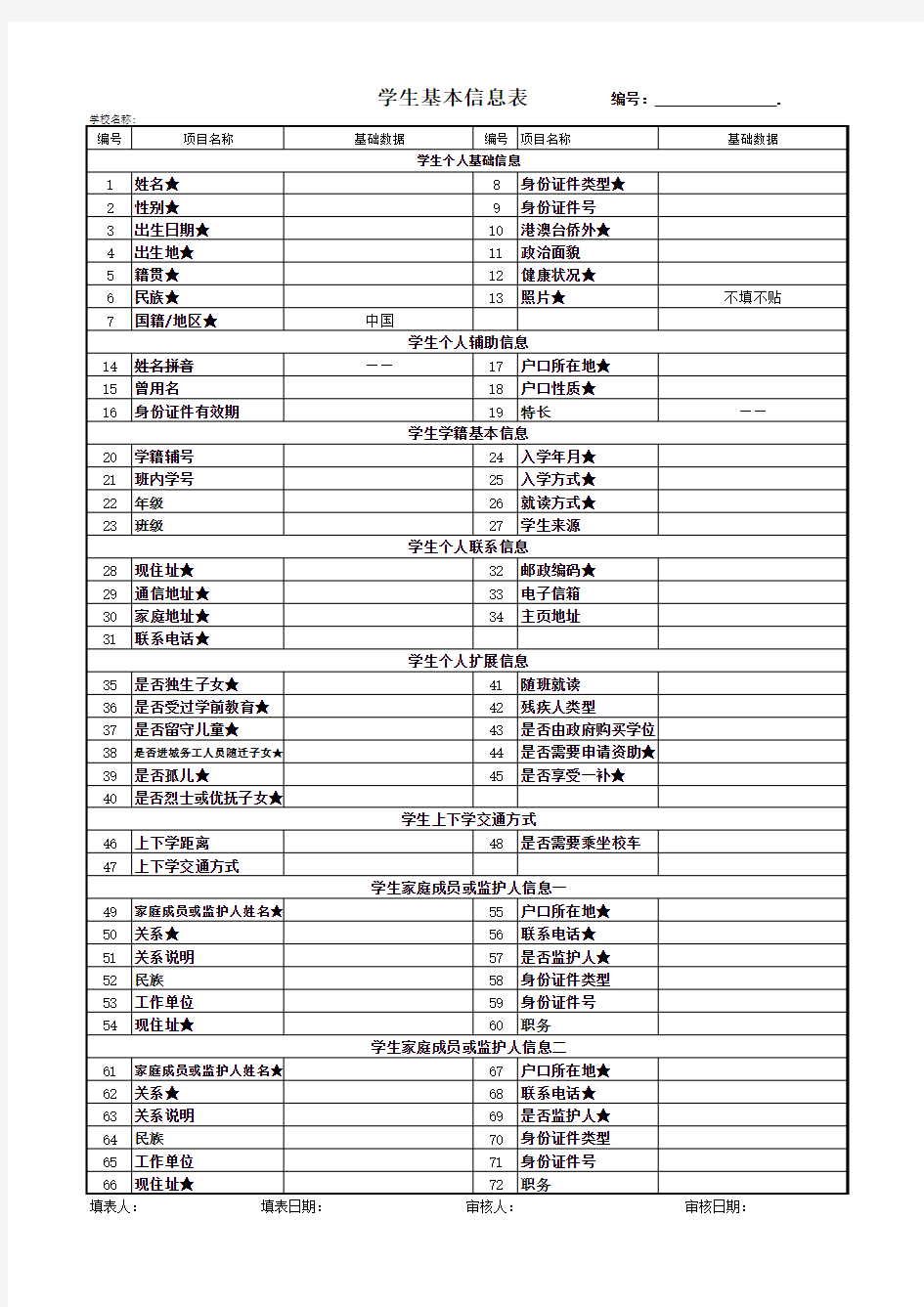 全国中小学生学籍信息采集表(A4)