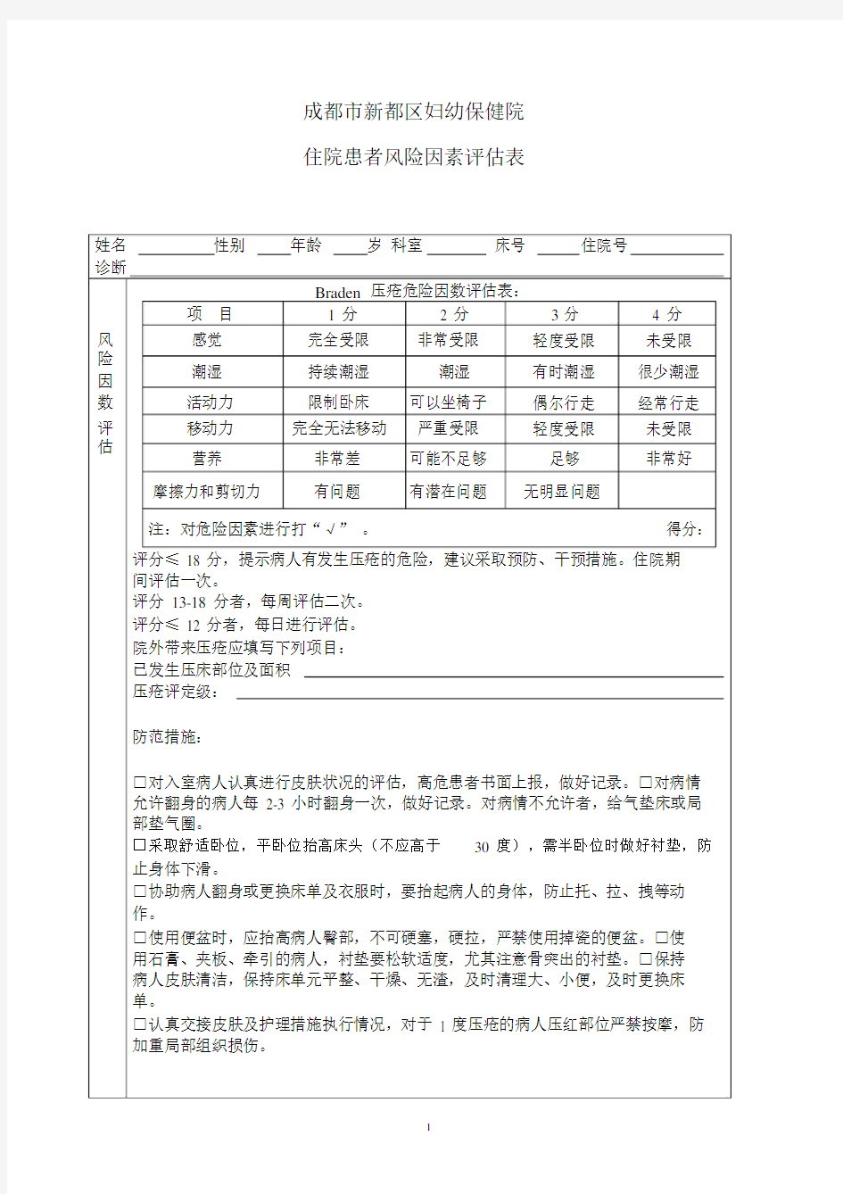 入院病人风险评估表